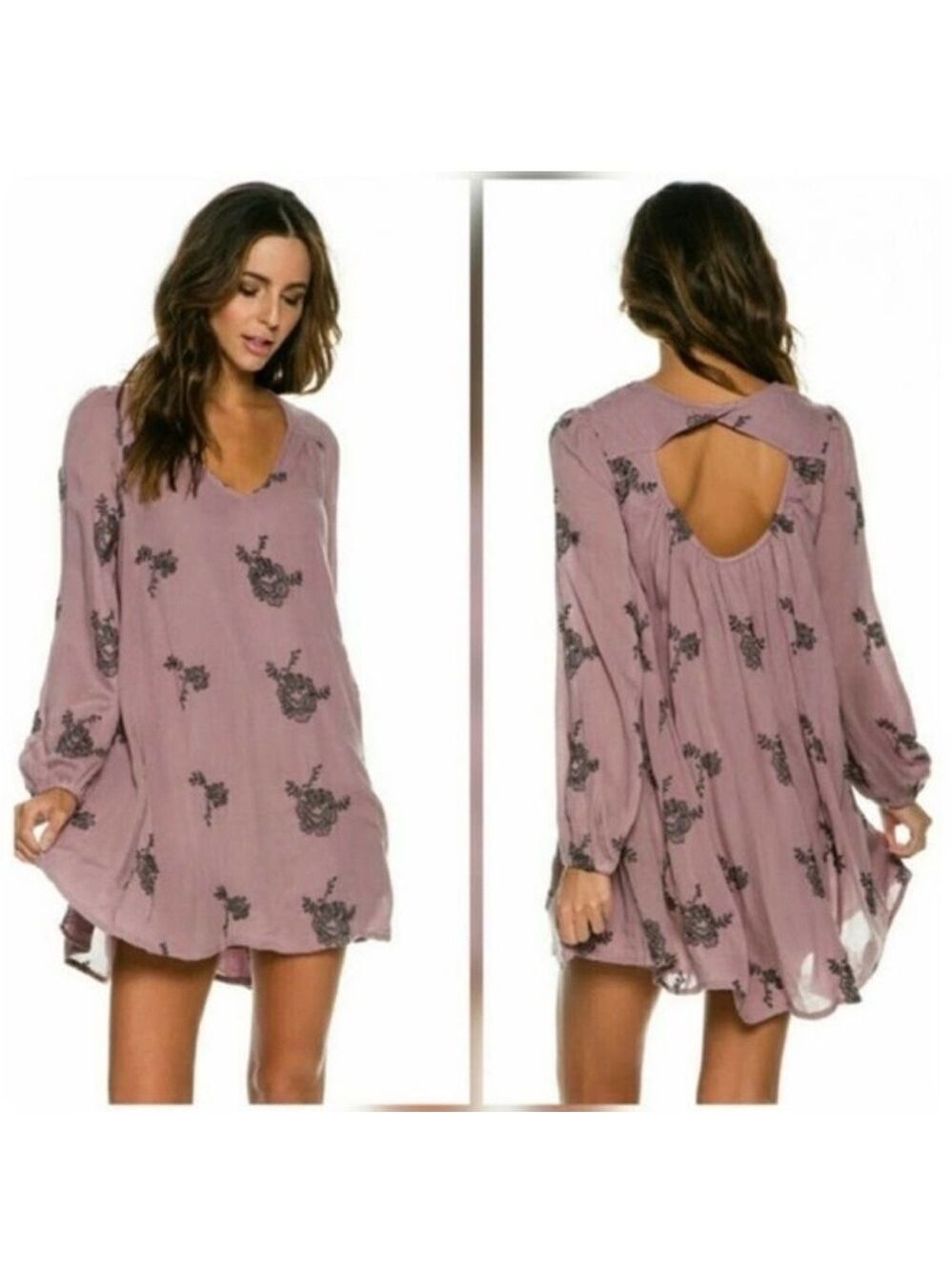 Free People Floral Embroidered Boho Hippie Tunic Mini Dress Small